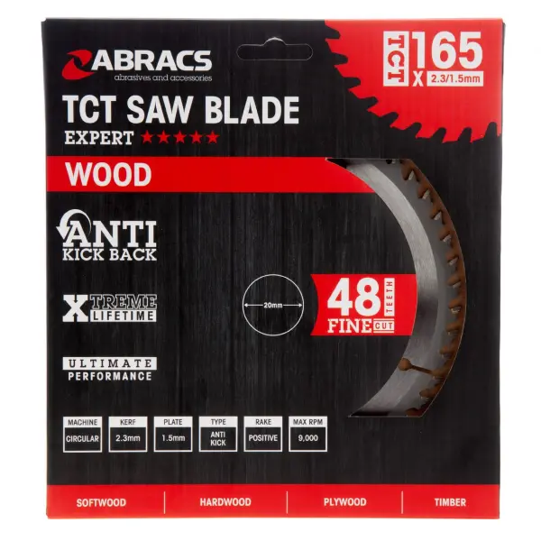 Abracs Lama per Seghetto Circolare TCT per Legno, 165mm, 48 Denti, Foro 20mm