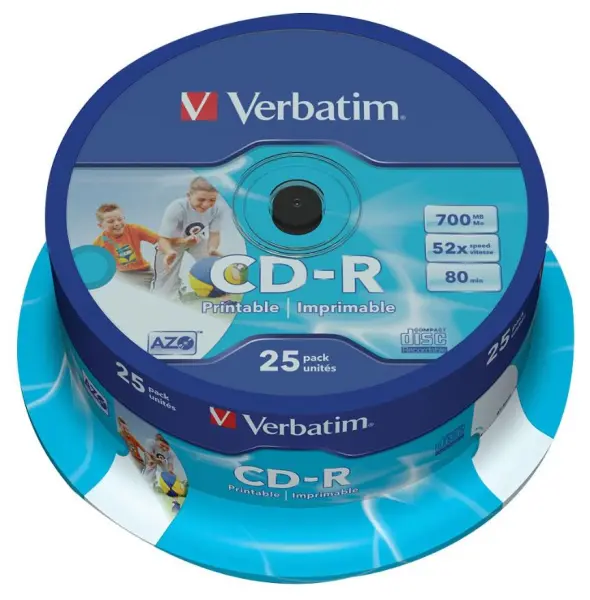 VERBATIM CD-R AZO 52x Discos para Impresión, Paquete de 25