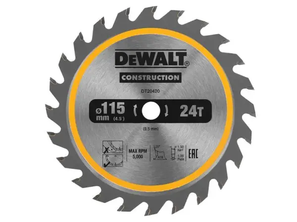 DeWalt DT20420 TCT 황삭 원형톱날, 115 x 9.5mm, 24T