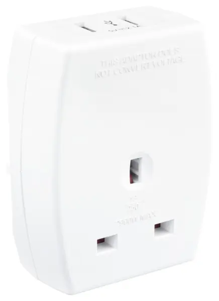 Masterplug UK to Euro USB Travel Adaptor, 2x USB A, 750ml