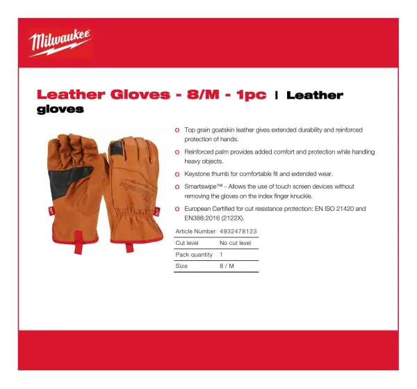 Milwaukee Guantes de Cuero - Mediano, Piel de Cabra, Pantalla Táctil