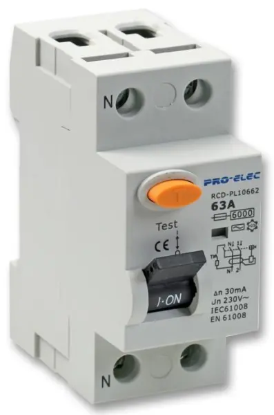 PRO ELEC 63A Double Pole RCD, 230VAC