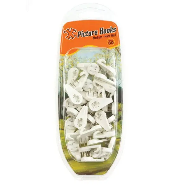 X Hard Wall Hooks Medium White Nylon, 30 Pack