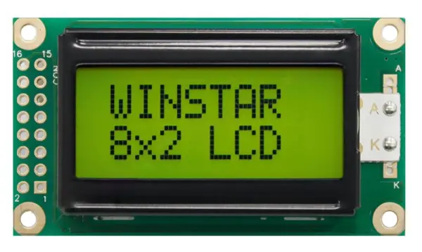 Winstar LCD Display Module, Yellow / Green, STN, Positive, Transflective - Green Yellow 8x2