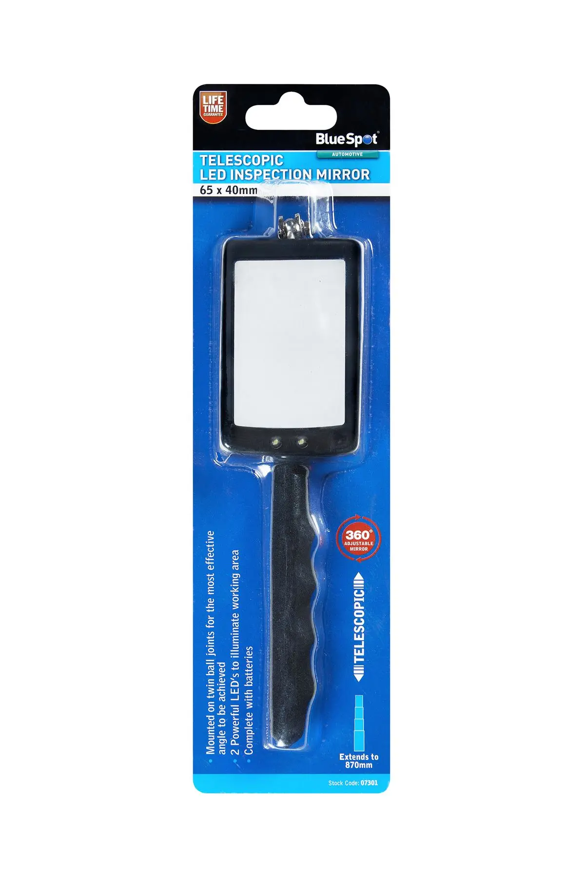 Blue Spot Telescopic LED Inspection Mirror, 870mm