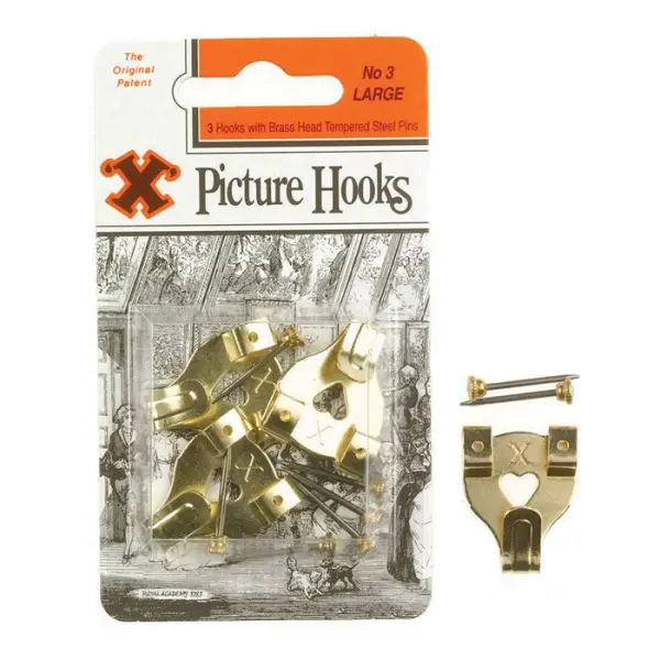 X No. 3 Picture Hooks, Brass Plated, 3 Pack