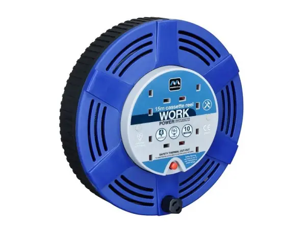 Bobine de câble Masterplug 15m, 240V 10A, Bleu, 4 Prises