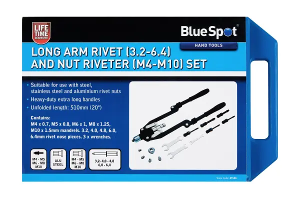 Blue Spot Tools Set Rivet & Nut Riveter Lengan Panjang (3.2-6.4mm, M4-M10)