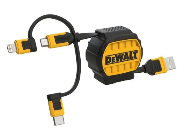 DEWALT 3-in-1 Retractable Cable (0.9m) - USB A to C/Lightning/Micro