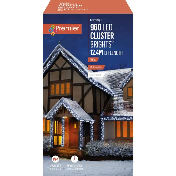 Premier 960 LED White Christmas Cluster Lights with Timer, 12.4m
