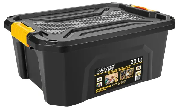 TOOL LAB Heavy Duty Polypropylene Storage Box with Clip on Lid 20L, Black