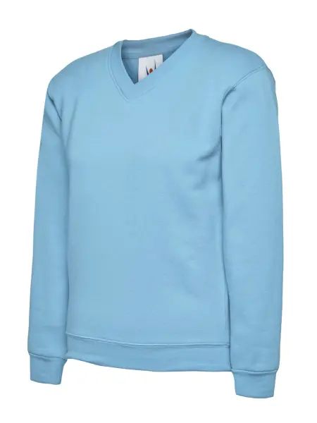 Uneek Felpa V-Neck per Bambini, 50% Poliestere 50% Cotone, Celeste, Taglia 5/6