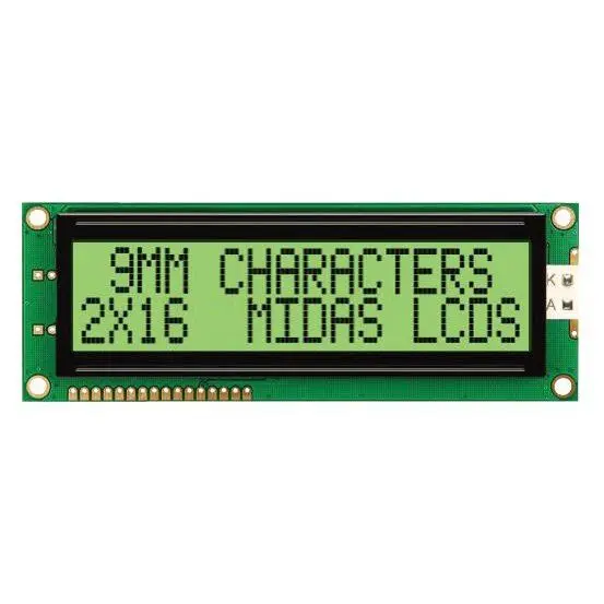 MIDAS DISPLAYS 16x2 Character LCD Module, STN, Transflective, Yellow/Green Back