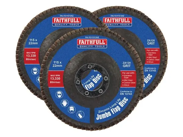 Faithfull Zirconia Abrasive Jumbo Flap Discs - 115 x 22mm 120 Grit (3 Pack)