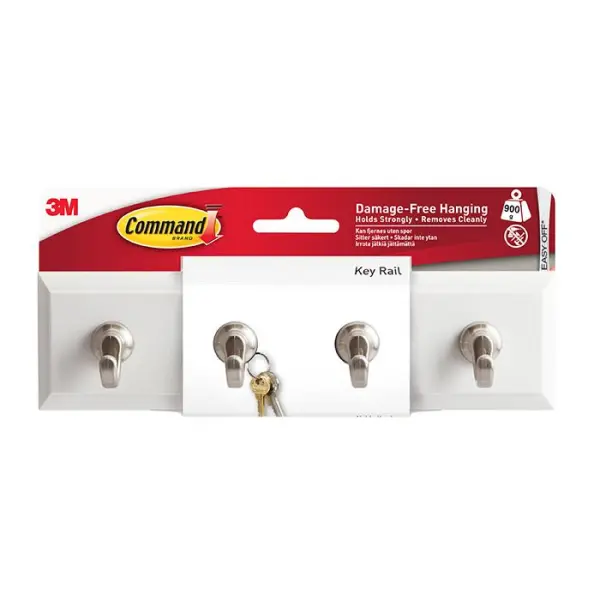 Command White Key Rail with 4 Hooks, Small, 62 g