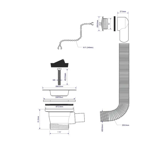 McAlpine Sink Plug with Chain, Rubber & Brass, 9½”
