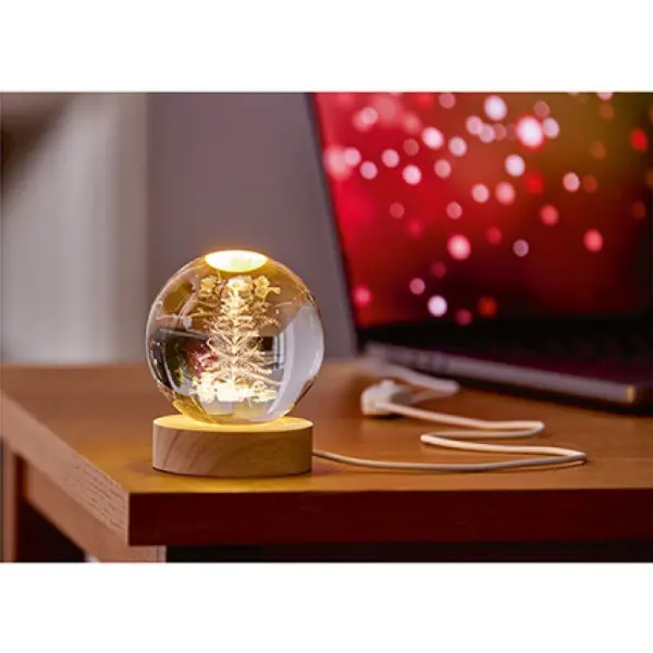Premier Decorations 8cm USB Lit 3D Etched Glass Ball Ornament - Christmas Tree
