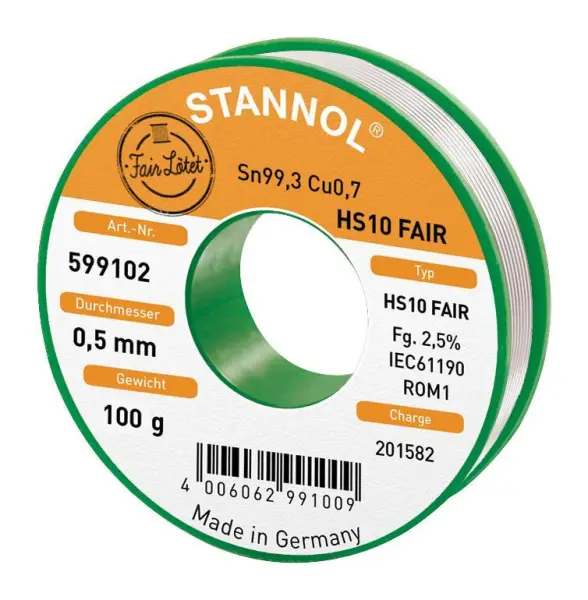 STANNOL חוט הלחמה נטול עופרת (Sn99.3 Cu0.7) 0.5 מ״מ, 100 גרם