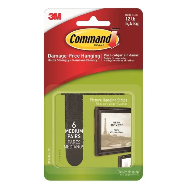 Command Medium Picture Hanging Strips Black 5.4kg, 6 Pack