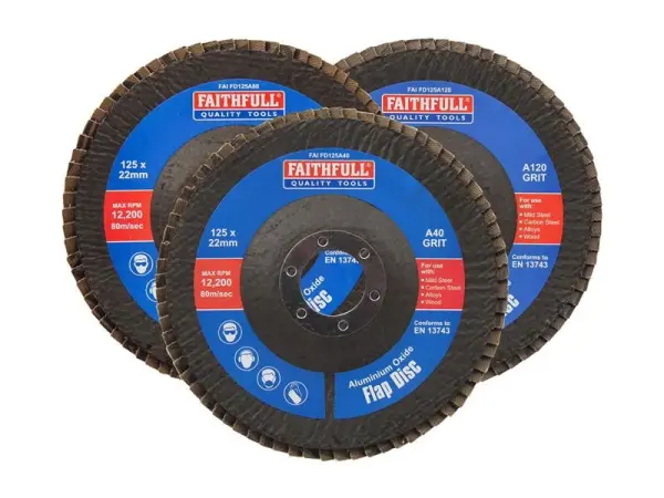 Faithfull Aluminium Oxide Flap Discs - 125 x 22mm Mixed Grit (3 Pack)