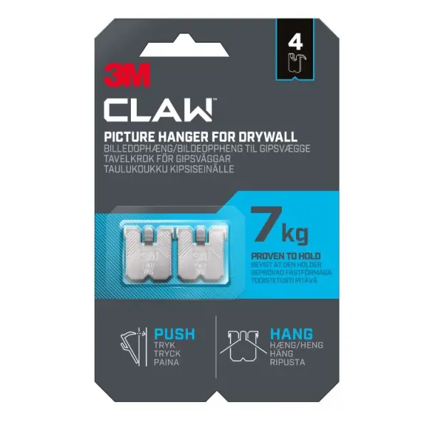 3M CLAW Drywall Picture Hanger 4 Pack, 7kg Capacity