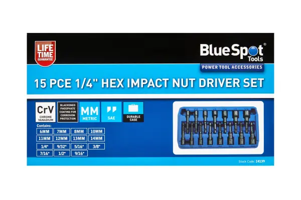 Blue Spot Tools - 15-delig 1/4 inch HEX Impact Moersleutelset
