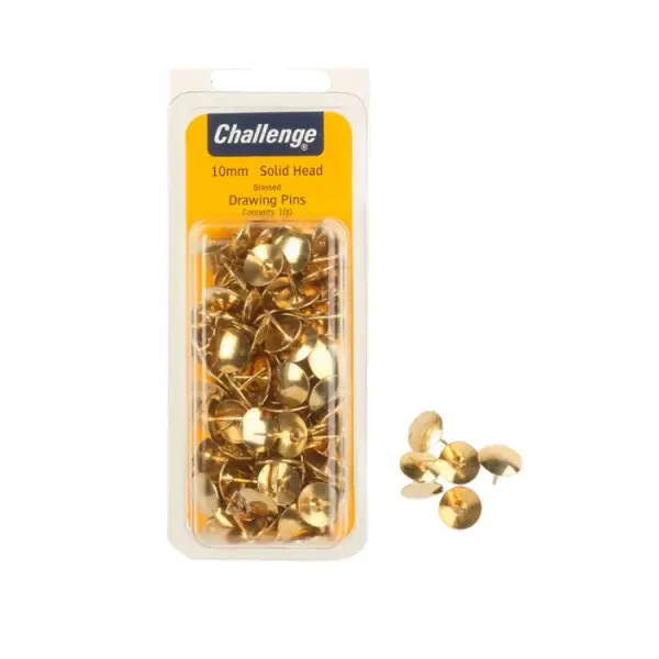 Challenge Brass Plated Solid Head Drawing Pins Clam Pack 100pk