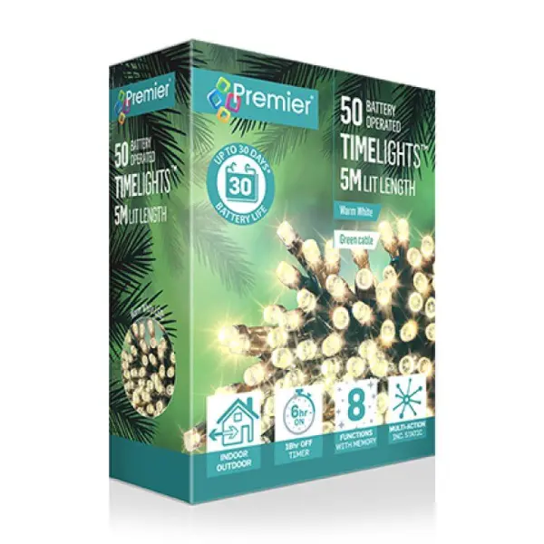 Premier 50灯珠电池供电多模式定时装饰灯串 暖白色
