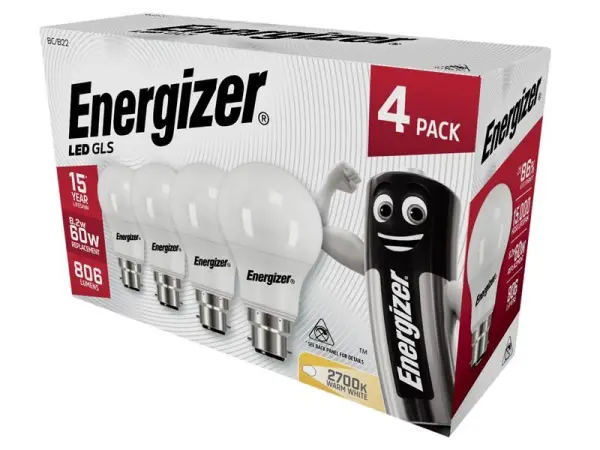 Energizer LED BC (B22) Opal GLS Bulb, Warm White 806 lm, Pack of 4