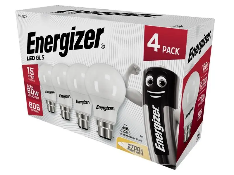 Energizer LED BC (B22) Opal GLS, Blanc Chaud 806 lm, Lot de 4