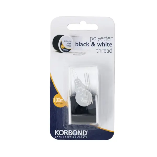 Korbond Polyester Black & White Thread Twin Pack, 2 x 100m