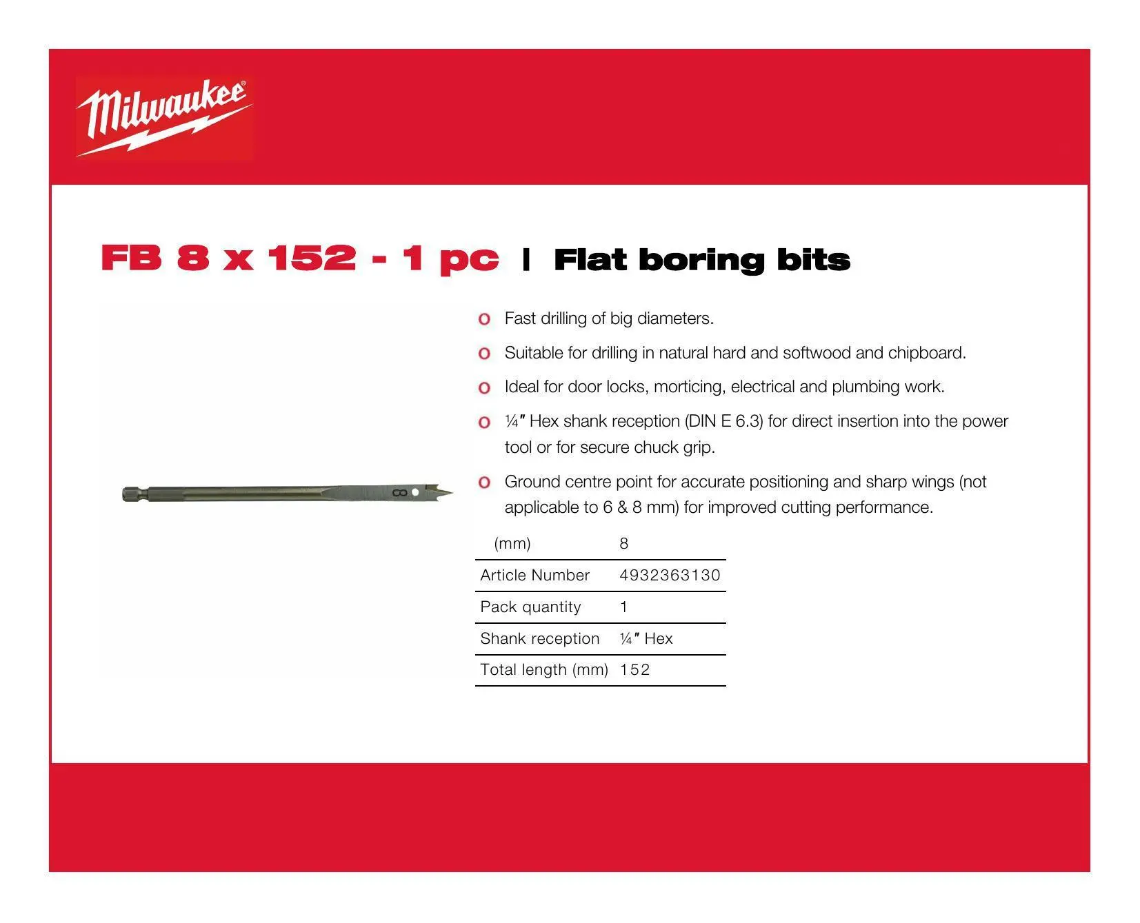 Milwaukee Flat Boring Drill Bit, 8mm x 152mm, Hex Shank