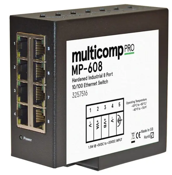 MULTICOMP PRO 8-Ports Industriële Ethernet Switch, DIN-Rail Montage