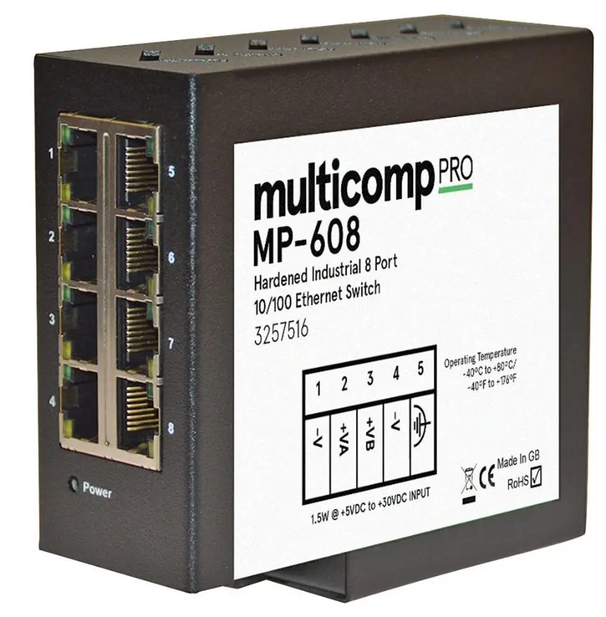 MULTICOMP PRO Switch Ethernet Industriale 8 Porte, Montaggio su Guida DIN