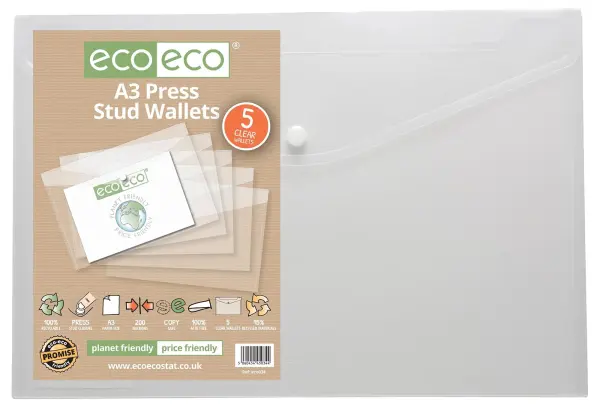 ECO-ECO A3 Press Stud Wallets, Clear, Pack of 5