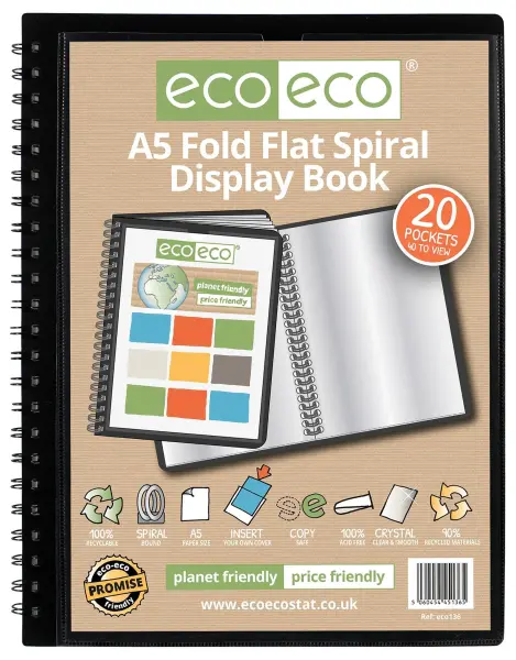 A5 Fold Flat Spiral Display Book, 20 Pockets, Black