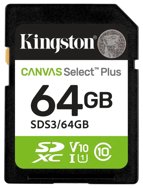 Kingston Canvas Select Plus SDXC Memory Card 64GB, Class 10, UHS-I, U1, V10, 95