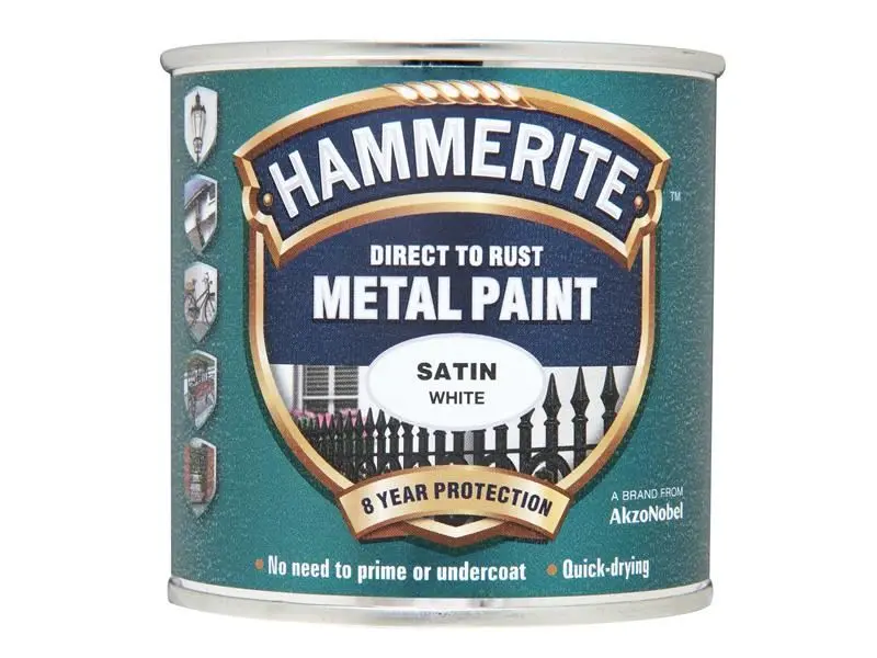 Hammerite Direct to Rust Satin Metal Paint, White, 250ml