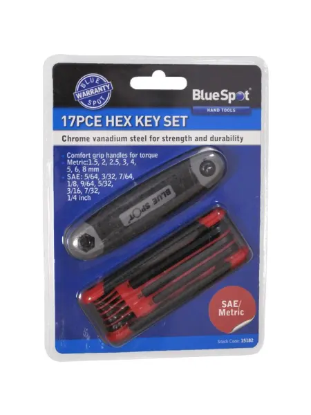 Blue Spot Tools סט מפתחות משושה 17 חלקים, מטרי ואימפריאלי, מפלדה