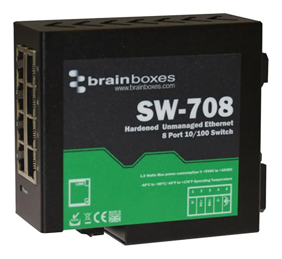 BRAINBOXES Switch Ethernet Industrial 8 Puertos, Montaje en Riel DIN