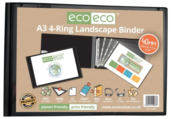 ECO-ECO A3 4 Ring Landscape Binder, 40mm Spine, Recycled - Black