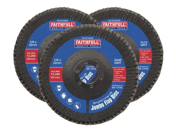 Faithfull Zirconia Abrasive Jumbo Flap Discs - 125 x 22mm Mixed Grit (3 Pack)
