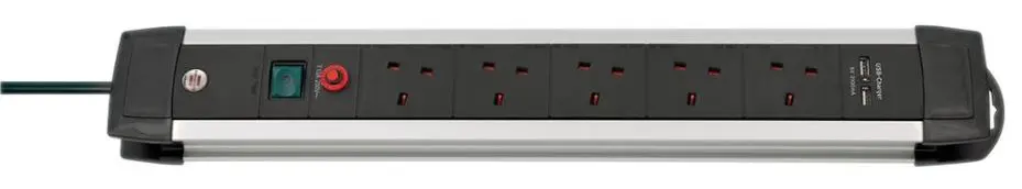 BRENNENSTUHL Alargador Premium Alu-Line con 5 Enchufes y USB, 3m, Negro