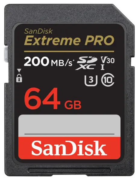 SanDisk Extreme PRO SDXC UHS-I U3 V30 Cárta Cuimhne, 64GB, 200MB/s