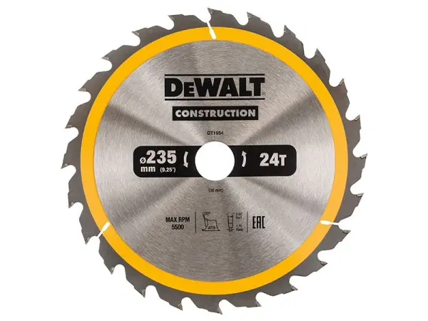 DEWALT 235mm Construction Circular Saw Blade, 24T, for Timber & Nails