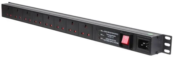 LMS DATA 1U Vertical 8-Way PDU with C20 to 13A Sockets, Surge Protected