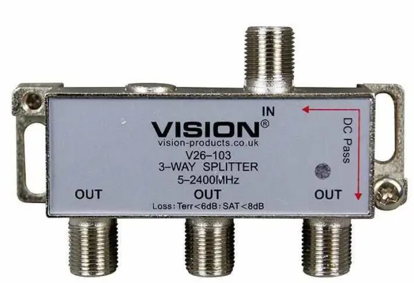 VISION 3-Way DC Pass Splitter, 5-2400MHz, LED Indicator, F-Female