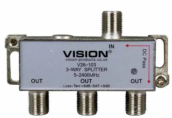 VISION 3-Way DC Pass Splitter, 5-2400MHz, LED Indicator, F-Female