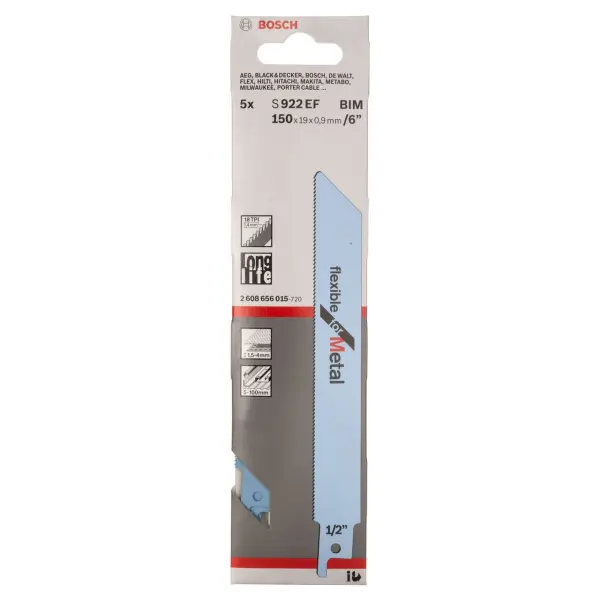 Bosch S922EF Flexible Reciprocating Saw Blade for Metal, 150mm, Pack of 5