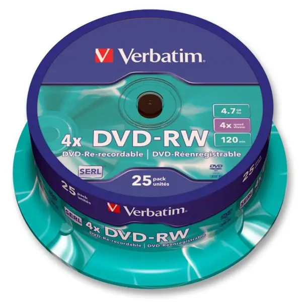 VERBATIM 4x Speed DVD-RW Blank Discs, 25-Pack